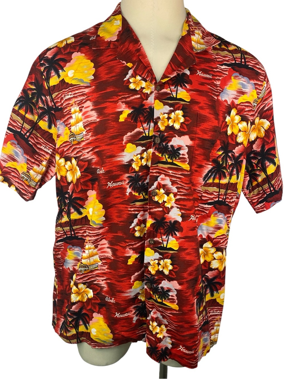 KY’s Men's Red Hawaiian Aloha Shirt with Yellow Floral Print 2XL